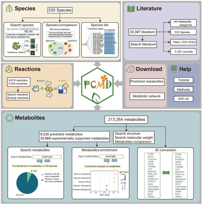 A total of six modules were integrated into PCMD, including Species, Metabolites, Reactions, Literature, Download and Help.